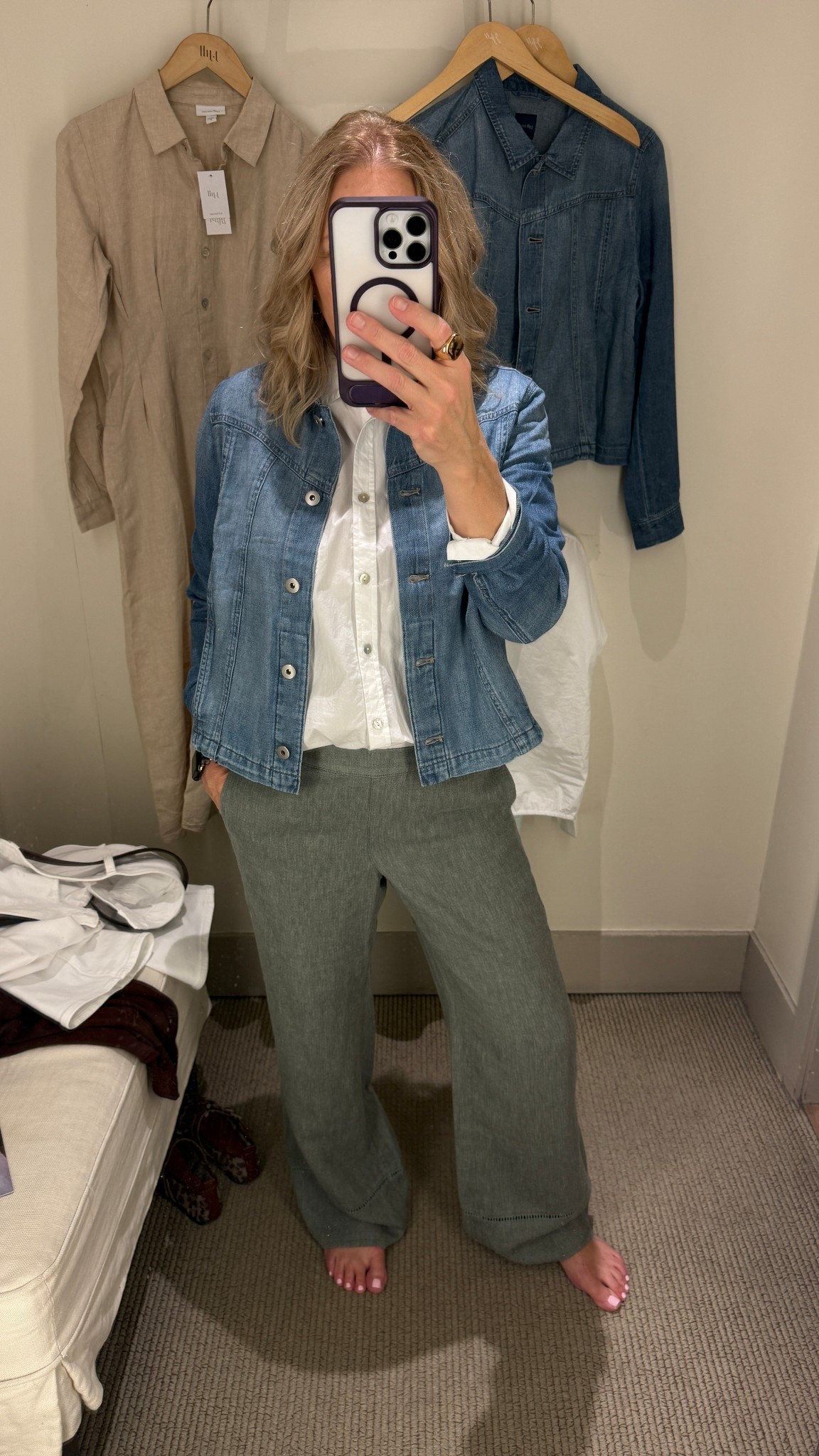 THE best light weight denim jacket!  Linen and cotton blend.  Literally goes with everything. Layer over a tee, a dress, or pair with your favorite skirt or pants. Easy to dress up or down. J Jill size small.  Linen pants are so soft and comfortable. Elastic waist in the back but smooth clean look on the front. J Jill size small. I’m 5’3 and the length is perfect .

#LTKootd #LTKWorkwear #LTKgrwm
