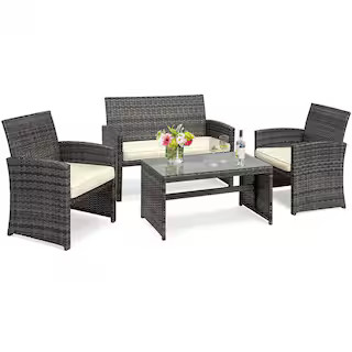 Costway Mix Grey 4-Piece Rattan Wicker Patio Conversation Set Glass Table Top Sofa Chair with Bei... | The Home Depot