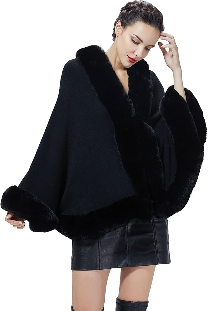Women Faux Fur Shawl Wrap Cape with Fur Trim Sleeveless Cardigan Dressy Cloak Winter Poncho Coat ... | Amazon (US)