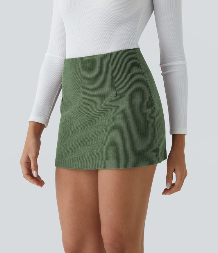 Women’s High Waisted Invisible Zipper 2-in-1 A Line Mini Corduroy Casual Skirt - Halara | HALARA