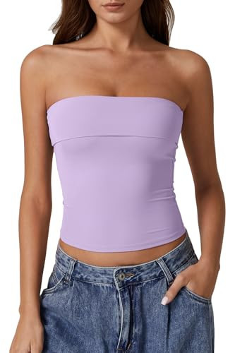 QINSEN Women's Strapless Foldover Tops Summer Strapless Basic Double Lined Tube Tank Tops Lavender XS | Amazon (US)
