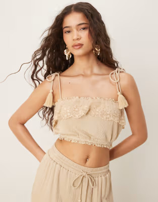 ASOS DESIGN co-ord crinkle tie shoulder lace trim bralet top in stone | ASOS | ASOS (Global)