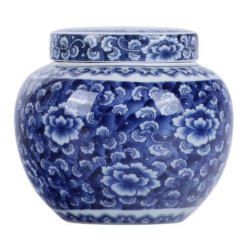 Blue and White Porcelain Round Ginger Jar with Lid, Ceramic Chinoiserie Chinese Style Decorative Jar for Home Decor, Storage for Snacks, Key Chains, Coffee Beans (Pure Blue) | Amazon (US)