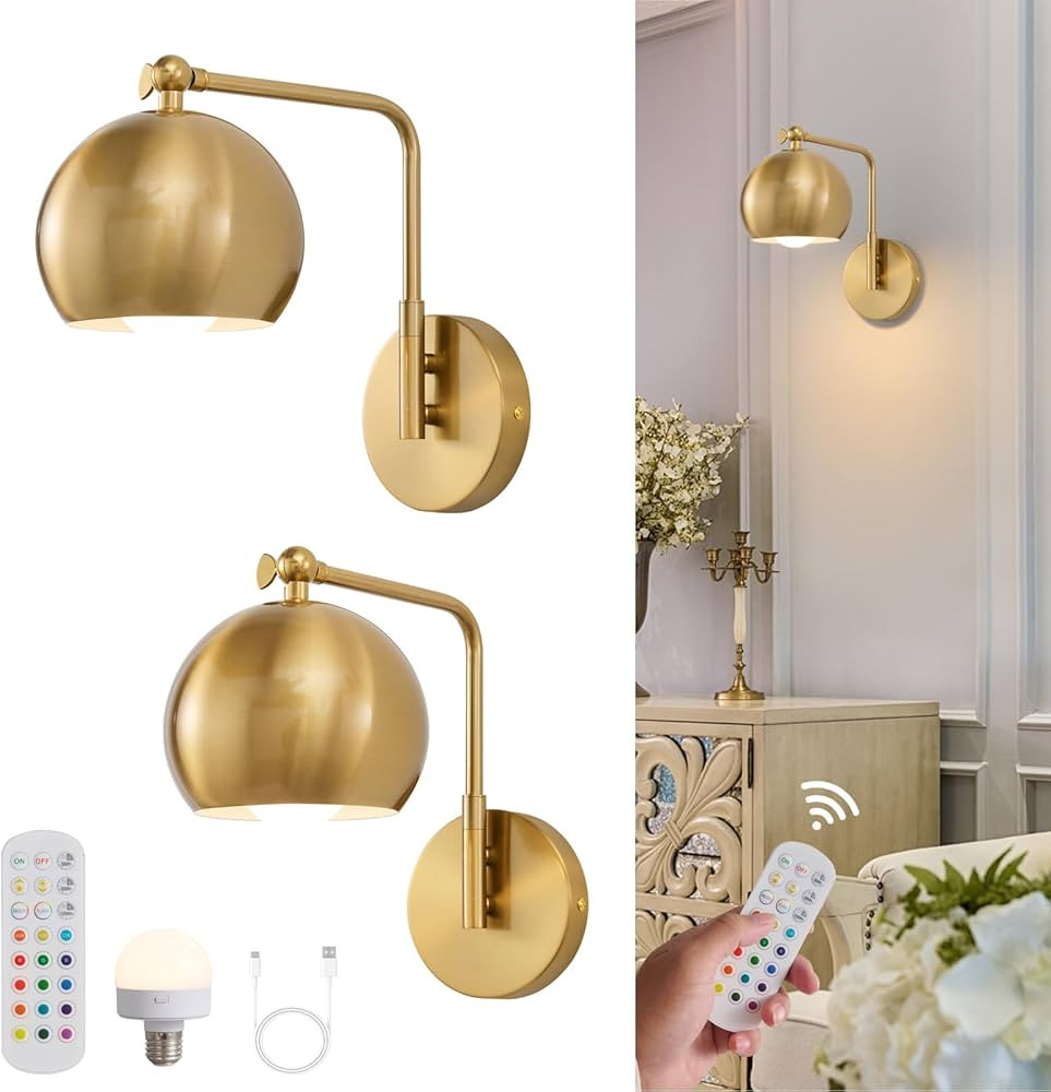 Gold Battery Operated Wall Sconces Set of 2, Rechargeable Cordless Wall Light Fixture with Remote... | Amazon (US)