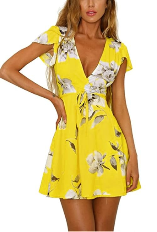 Vaniglia Women Floral Print Sleeve Sexy Deep V-Neck Tunic Top Casual Mini Dress | Amazon (US)