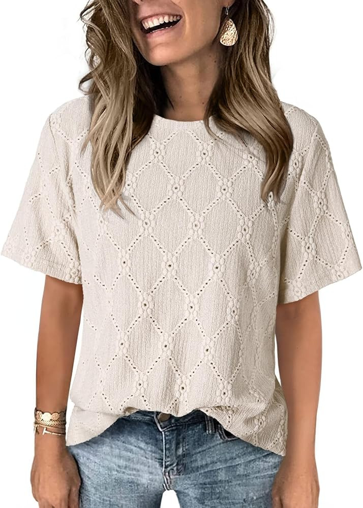 Dokotoo Women's Tops Casual Scoop Neck Short Sleeve Eyelet Embroidered Hollow Out Blouses Shirts | Amazon (US)