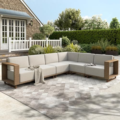 HERA'S HOUSE 6 Pieces Sectional Patio Furniture Set, Outdoor Modular Couch Sofa Set with 10" Thick Cushion, 5.3" Wide Arm, Low Profile All Weather Yellow Rattan Conversation Sets for Deck Yard Lawn | Amazon (US)