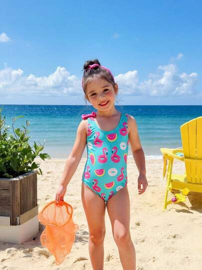 Sparklyn Young Girl' Cute Blue & Green Flamingo, Donut Print Ruffled One-Piece Swimsuit With Bowk... | SHEIN