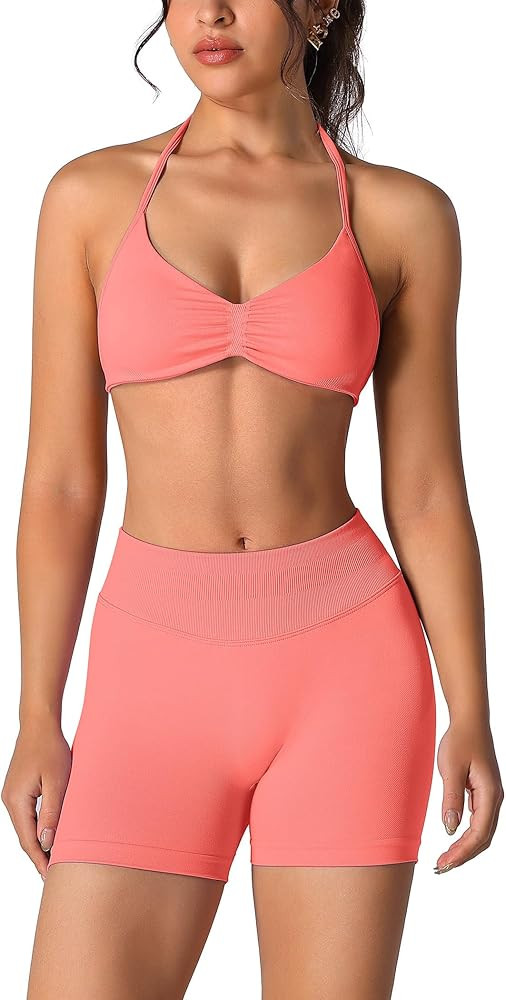ABOCIW Womens Seamless Workout Sets 2 Piece Strappy Halter Sports Bra Scrunch Butt Shorts Gym Yog... | Amazon (US)