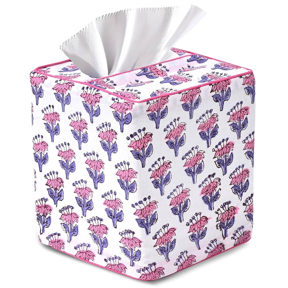 CPC Pink Sapphire Hand Block Printed Cotton Tissue Box Cover 5" x 5" x 5.5" Square Soft Reusable ... | Amazon (US)