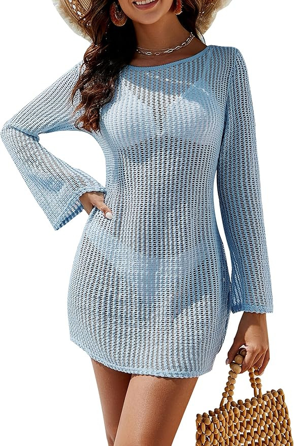 Blooming Jelly Women's Swimsuit Coverup Crochet Bikini Cover Ups Hollow Out Net Longsleeve Swimwe... | Amazon (US)