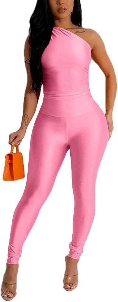 Ekaliy 2 Piece Outfits for Women Sexy One Shoulder Crop Top Bodycon Pants Set Clubwear | Amazon (US)