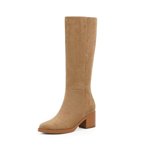Easyfox Suede Tan Knee High Boots for Women Chunky Heel Suede Camel Boots Round Toe Tall Long Low Heel Boot Dress Block Heeled Knee High Boot 2025 Size 6 | Amazon (US)