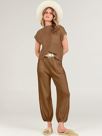 ANRABESS Women's Two Piece Outfits Sweater Sets Knit Pullover Tops and High Waisted Pants Tracksu... | Amazon (US)