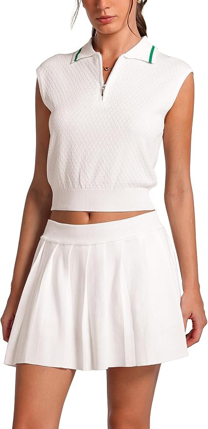 ABOCIW Womens Vintage Preppy Knit Skirt Set Half Zip Tank Top Pleated Skirts with Shorts 2 Piece ... | Amazon (US)