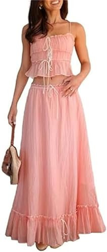 Women Y2k 2 Piece Outfits Patchwork Front Tie-Up Camisoles and Ruched Ruffle Maxi Skirt Matching Set Beachwear (Pink, L) | Amazon (US)