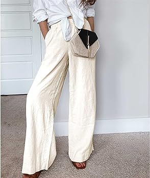 Duyang Womens Cotton Linen Palazzo Pants Drawstring Elastic Waist Casual Wide Leg Trousers with P... | Amazon (US)
