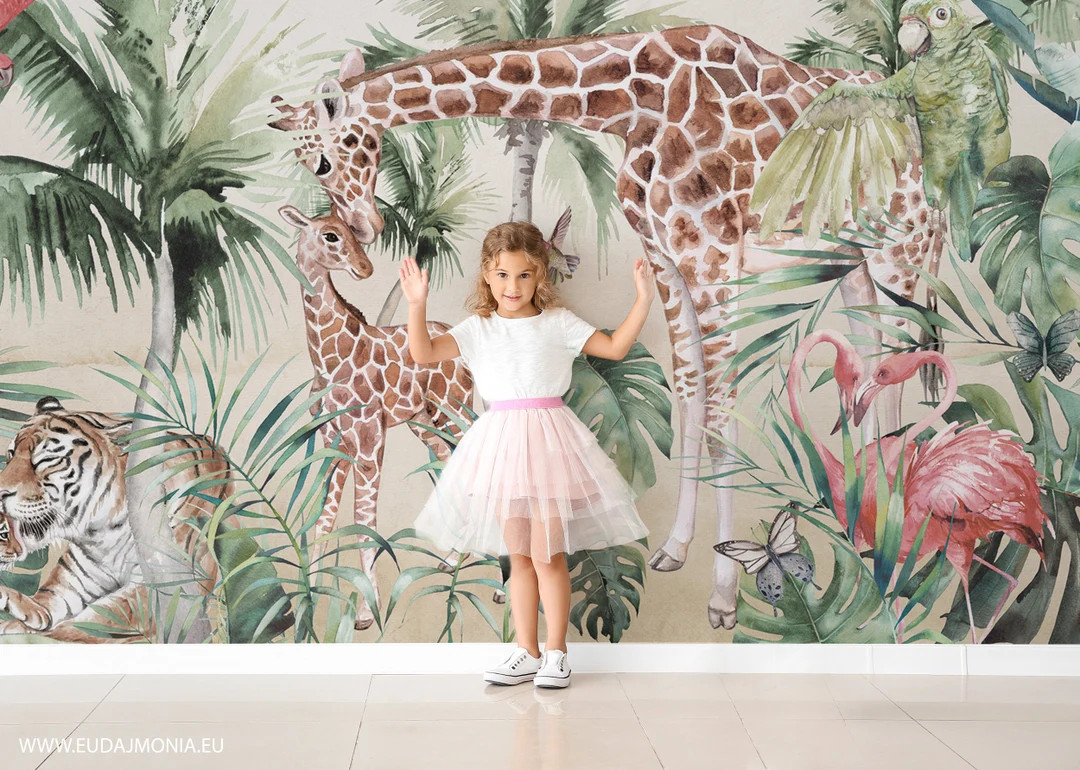 LOVASIS Tropical Wallpaper for children with animals / Nursery safari wallpaper / | Etsy (UK)