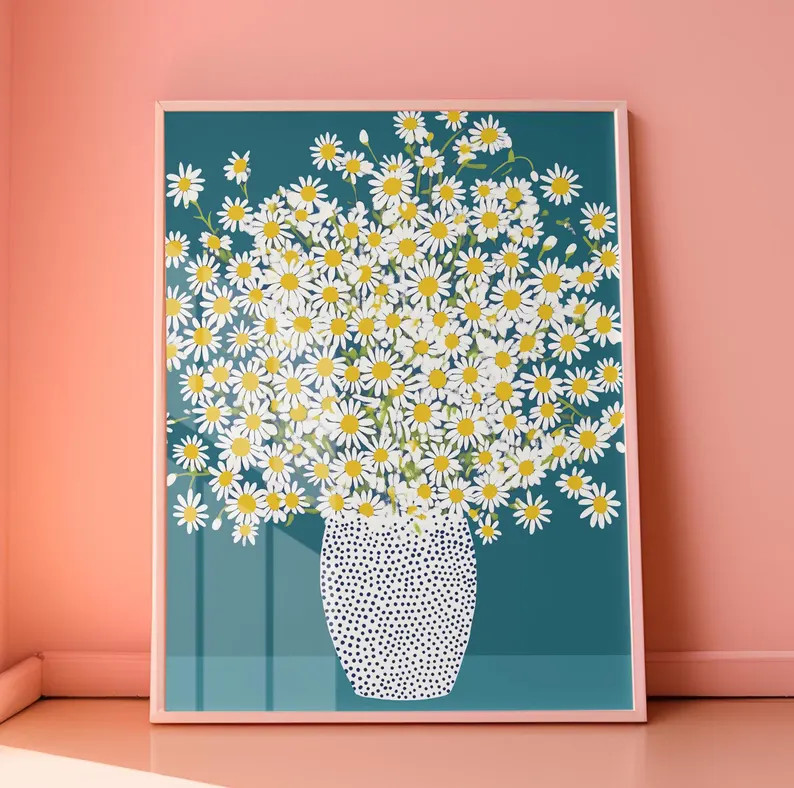 Daisy Flower Art Print, Bold Floral Wall Art, Modern Botanical Print, Cottagecore Decor, Colorful... | Etsy (US)