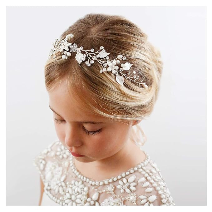 SWEETV Flower Girl Headpiece Silver Princess Wedding Headband -Baby Girls Flower Pearl Hair Acces... | Amazon (US)
