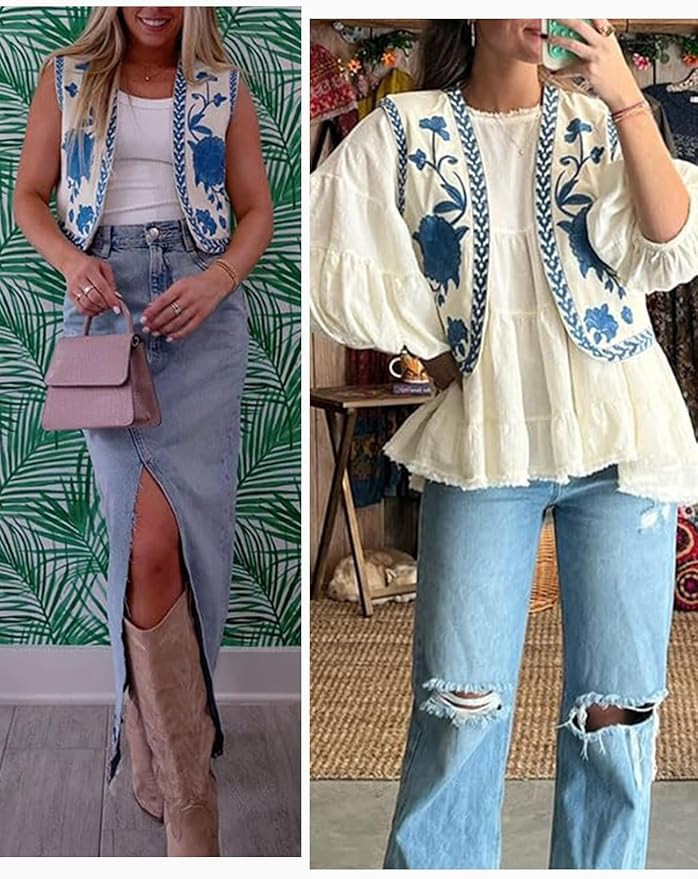 Wyeysyt Women Floral Embroidered Vest Vintage Sleeveless Boho Y2k Cardigan Open Front Cropped Wai... | Amazon (US)
