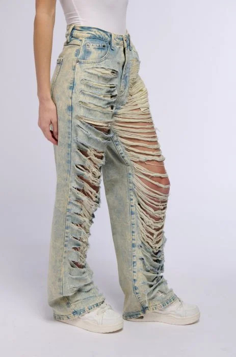 OVER IT DISTRESSED HIGH RISE JEANS IN LIGHT BLUE DENIM | AKIRA