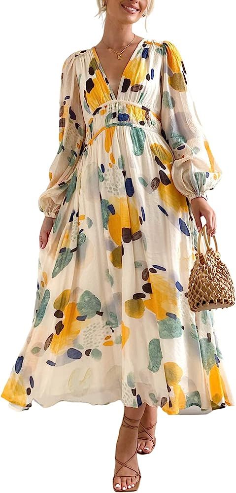 Sissyaki Women's 2024 Long Sleeve Boho Floral Maxi Dress V Neck Casual Long Dress | Amazon (US)
