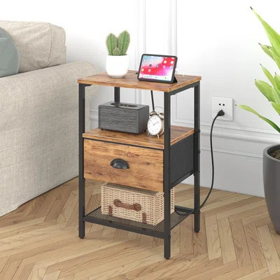 Nightstands Set Of 2, Night Stands With Charging Station And Fabric Drawer, Bedside Tables With Storage, 2- Tier Side Table With Open Shelf, Nightstan | Wayfair North America