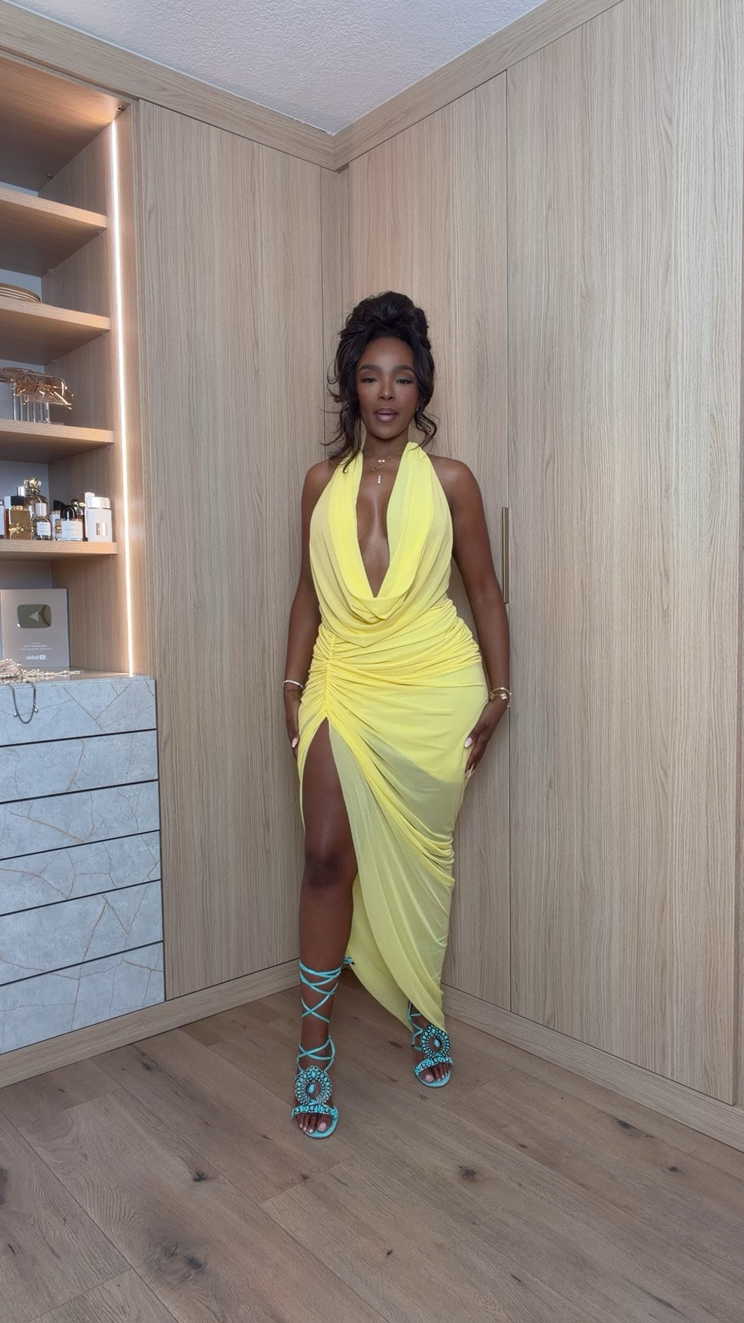 Hi Babes! 💛✨

This dress is a vacation showstopper! The vibrant yellow, flattering draped neckline, and pop of turquoise accessories make this the perfect look for your next tropical getaway.

✨ Fit Details:
• True to size
• Soft, stretchy fabric
• Flattering ruched detail
• Halter cowl neckline
• Comfortable with the perfect amount of glam

☀️ Where to Wear:
• Vacation dinners
• Resort nights
• Beach weddings
• Birthday celebrations
• Summer date nights

✨ Style Tip:
Pair it with colorful statement heels and bold accessories for the ultimate vacation look.

Everything is linked below!

xx, Kira | IG: KirasFashionFinds

Measurements:
Kira: 5'4" | Size Small | 140 lbs