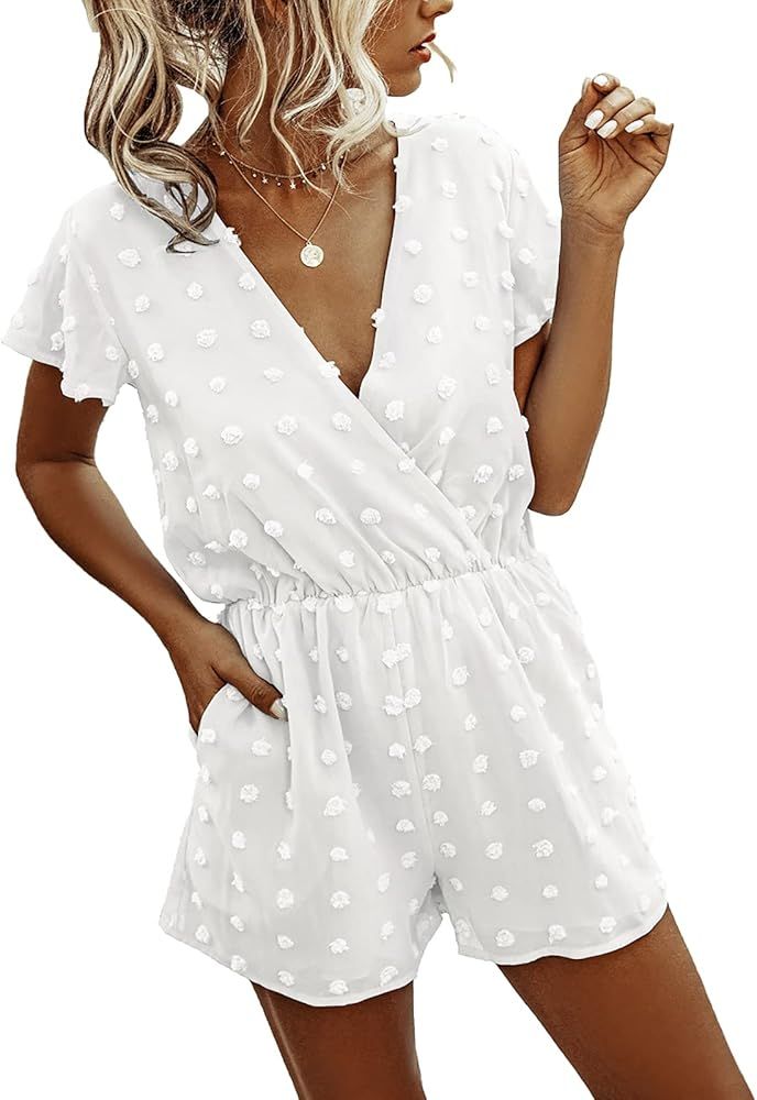 BTFBM Women Fashion Wrap V-Neck Swiss Dot Print Soft Short Sleeve Elastic Waist Plain Summer Shorts  | Amazon (US)