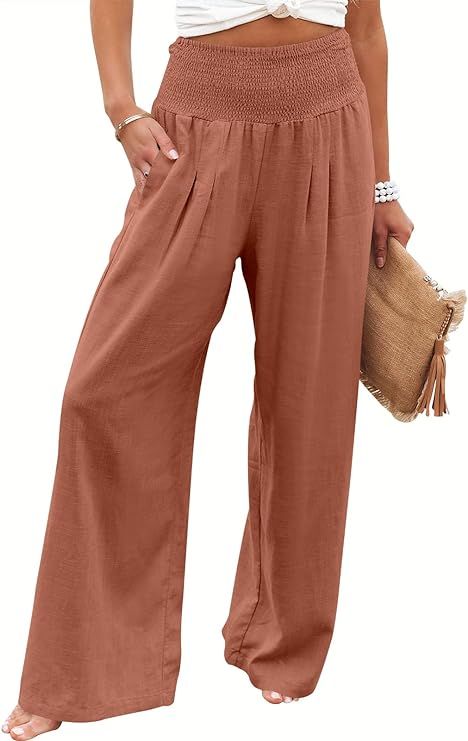 ANRABESS Women Linen Palazzo Pants Summer Boho Wide Leg High Waist Casual Lounge Pant Trousers with  | Amazon (US)
