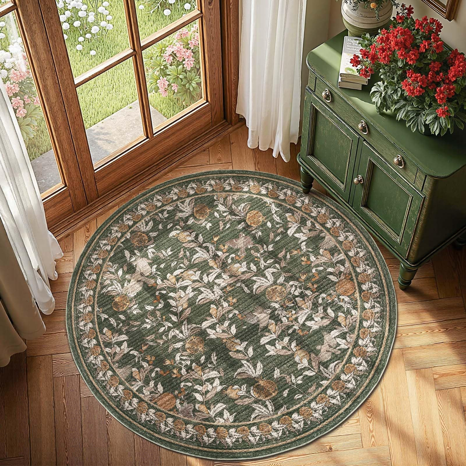 jinchan Floral Round Rug 4ft Area Rug Washable Vintage Soft Non-Slip Distressed Orange Green 4' C... | Amazon (US)