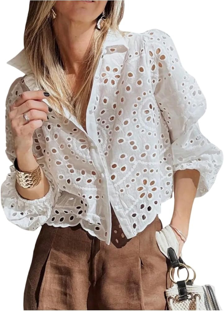 SHENHE Women's Embroidered Hollow Blouse Long Sleeve Dressy Casual Shirt | Amazon (US)