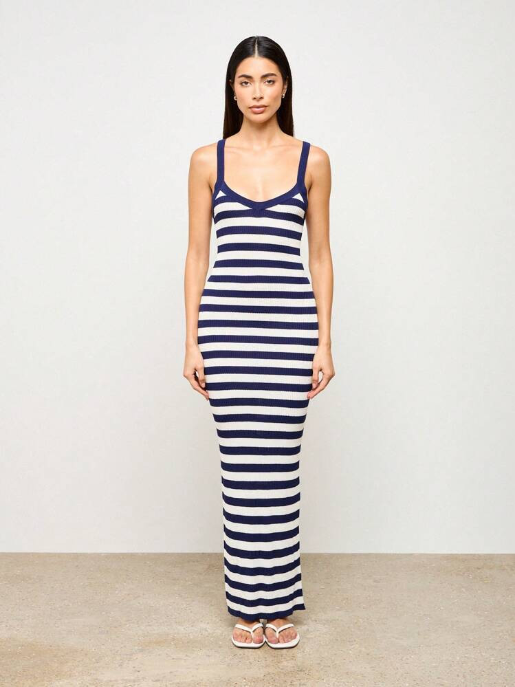 AiiRZ Ribbed Knit Nautical Striped Maxi Dress Sleeveless Summer Beach Vacation Tank Bodycon Long Dress With Scoop Neck Casual Resort Wear | SHEIN