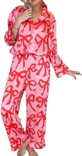 LILTWIST Valentines Silk Pajamas for Women Cute Satin Bow Heart Print Pjs 2 Piece Long Sleeve Shi... | Amazon (US)
