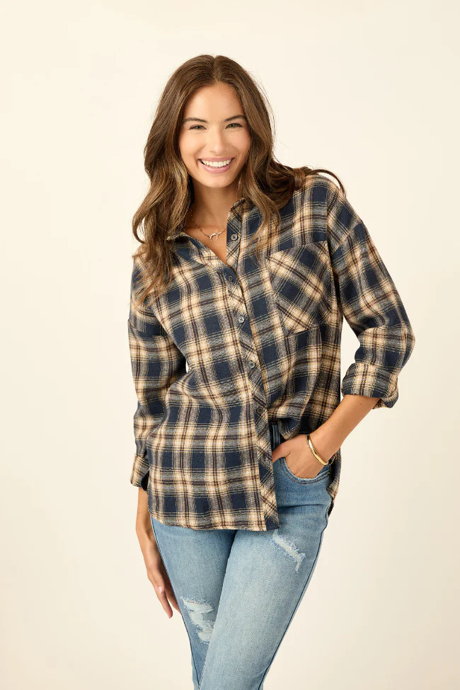 Rory Black and Cream Flannel Button Down Top DOORBUSTER | Pink Lily