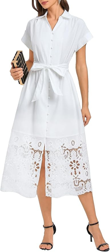 Ladyful Women's Button Down Shirt Dress Belted Short Sleeve Midi Dresses Hollow Collared Business... | Amazon (US)