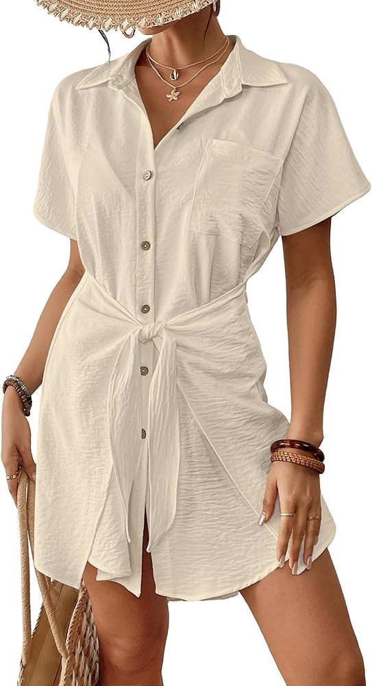 Bsubseach Womens Swimsuit Coverup Short Sleeve Button Down Tie Beach Shirt Dresses Summer Bathing... | Amazon (US)