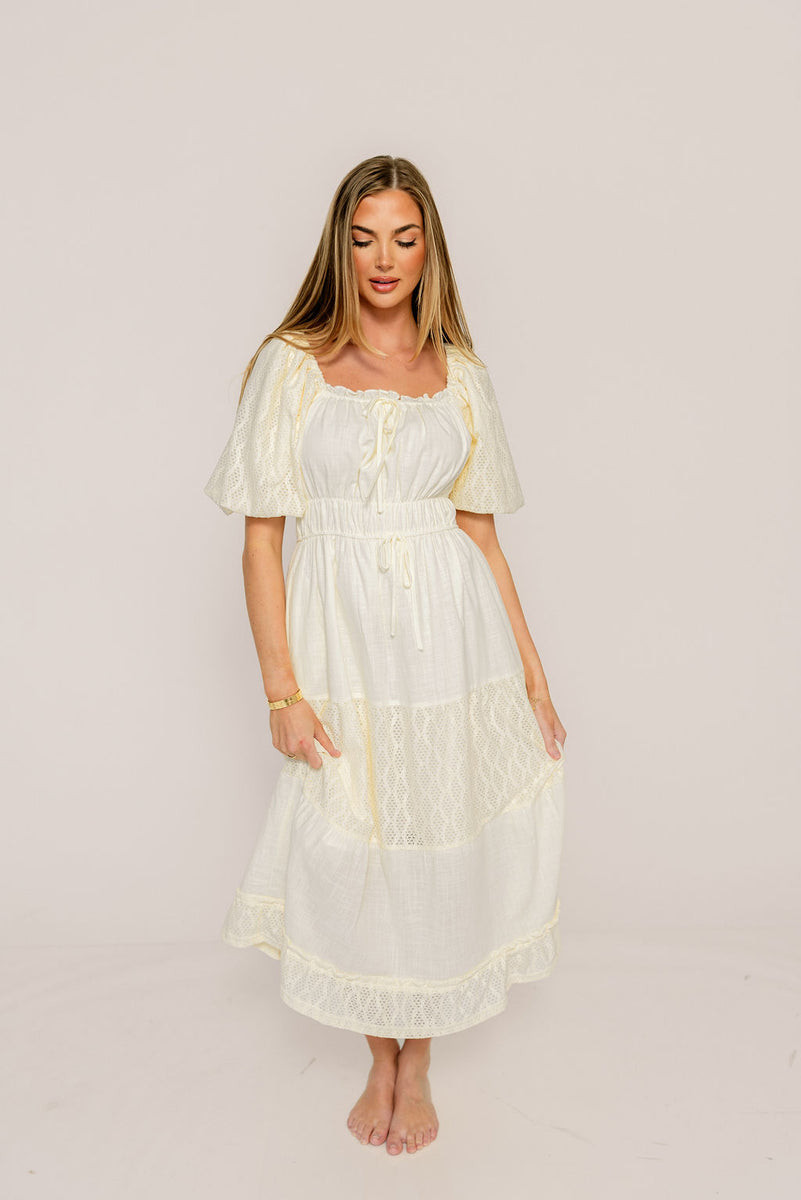 Noor Lace Tiered Midi Dress in Cream | Worth Collective