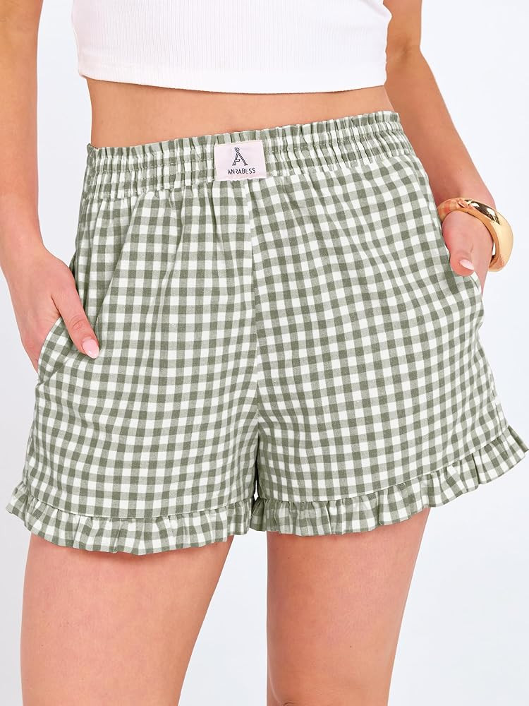 ANRABESS Womens Gingham Striped Ruffle Boxer Shorts | Amazon (US)