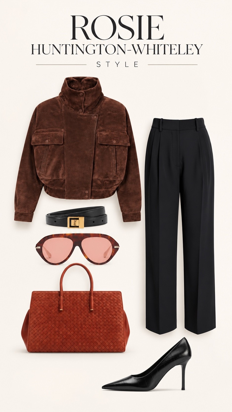 Rosie Huntington-Whiteley inspired model off duty style, perfected for fall. 🤎 This elevated autumn outfit pairs a rich chocolate brown suede jacket with tailored black trousers, sleek pointed toe pumps and polished accessories for that effortless Rosie Huntington-Whiteley aesthetic. The warm woven tote and tortoiseshell aviator sunglasses add luxe texture while keeping the look timeless, minimal and sophisticated. Save this for fall outfit inspiration, quiet luxury style, celebrity street style and elevated everyday dressing.

Shop the full Rosie Huntington-Whiteley inspired look and similar finds on my LTK.