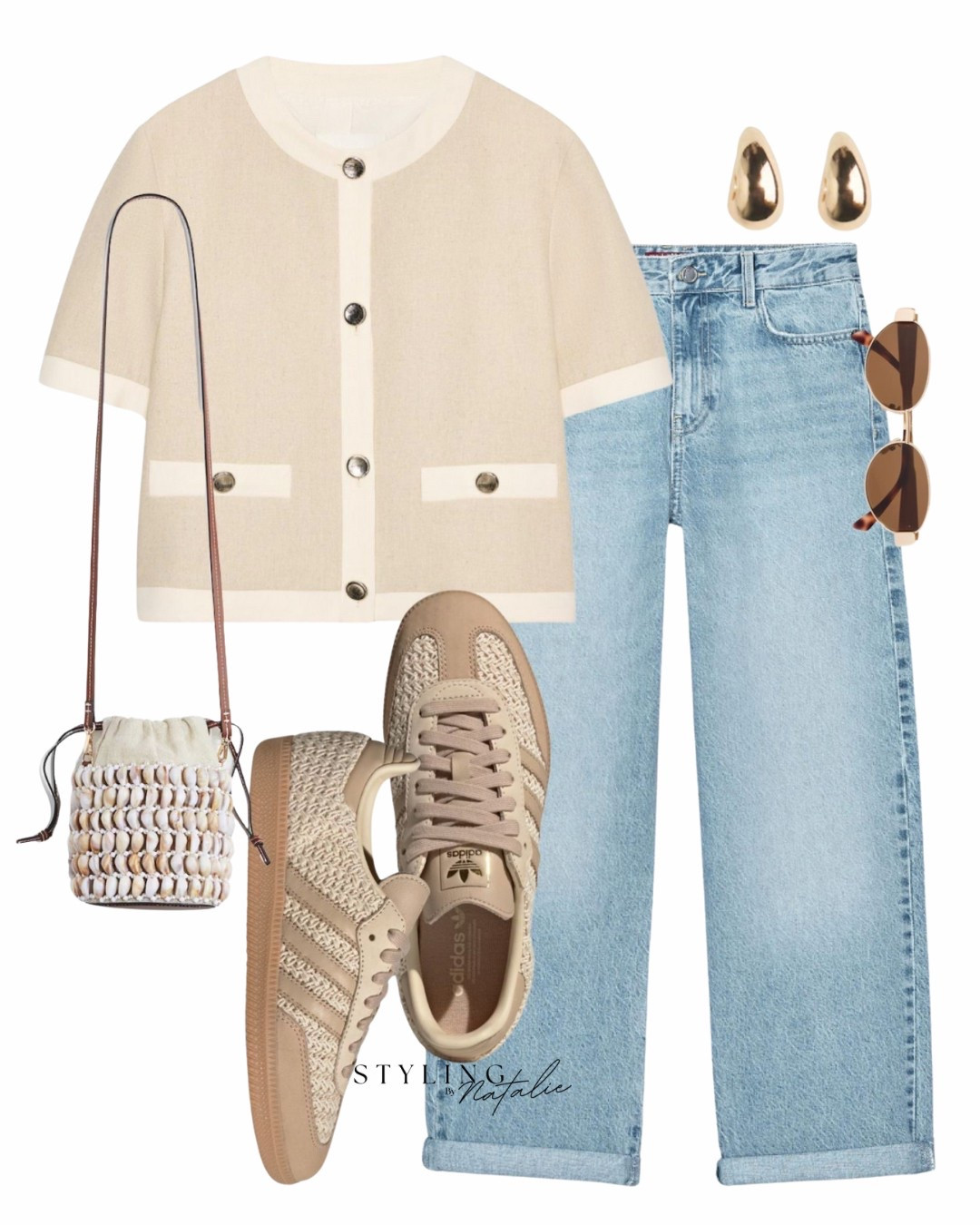 Styling the new Adidas Trainers- 
Beige shirt sleeve cardigan, wide leg jeans with turn up hem, Adidas Sambas.
Zara, neutral outfit, raffia, casual chic, summer outfit 

#LTKshoes #LTKuk #LTKeurope