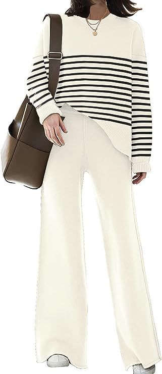 Womens Lounge Sets Knitted Sweatsuit Sets 2 Piece Outfits with Sweater Tops and Wide Leg Sweatpants | Amazon (US)