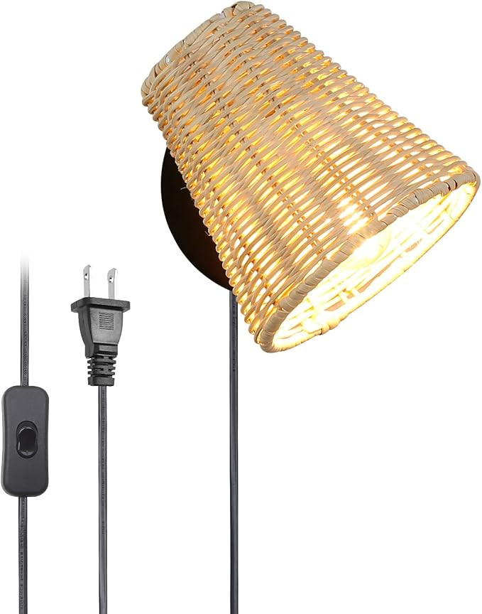 Vintage Rattan Plug in Wall Sconce Japanese Style Rural Bamboo Lamp Wood Wall Light Fixture with ... | Amazon (US)
