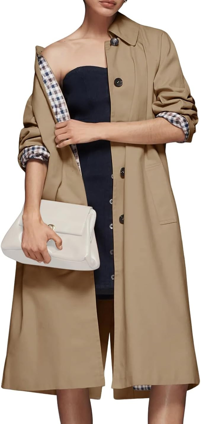 Womens Long Trench Coat Single Breasted Lapel Plaid Lined Oversized Windproof Fashion Autumn Wint... | Amazon (US)