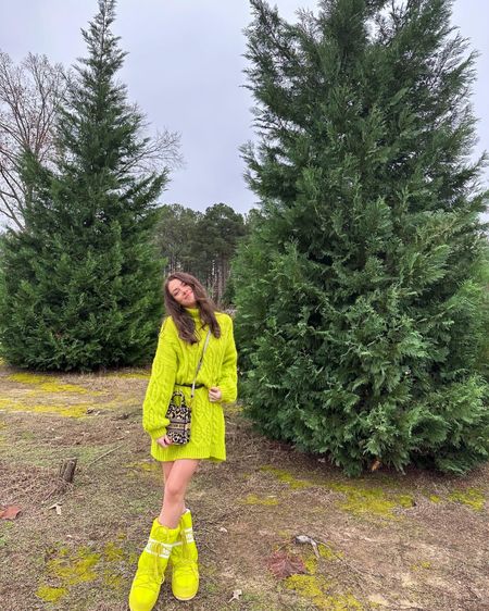 neon green xmas tree farm #christmastreefarmoutfit #moonboot #neongreen