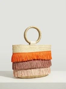 SHEIN SXY Elegant Ladies Color Block Fringe Trim Straw Bag, Perfect For Summer Beach Travel Vacat... | SHEIN