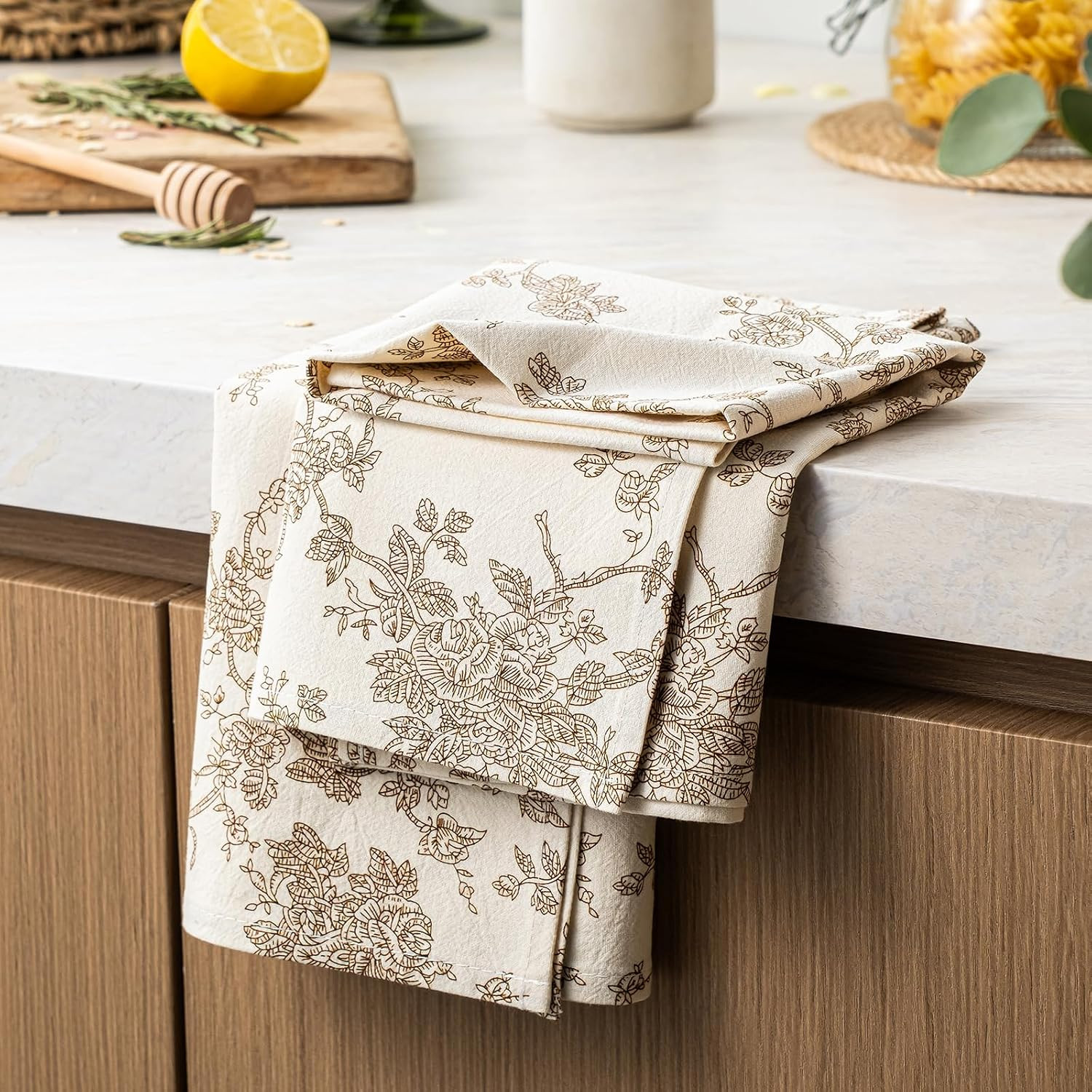 Multi-Purpose French Pastoral Tea Towels Set of 2, Brown | 100% Organic Cotton Flour Sack Kitchen Towels, 18x25in Absorbent Dish Cloths, Farmhouse Napkins, Decorative Hand Towels Set | Amazon (US)
