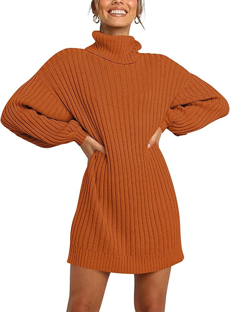 ANRABESS Women Turtleneck Long Lantern Sleeve Casual Loose Oversized Sweater Dress Soft Winter Pullo | Amazon (US)