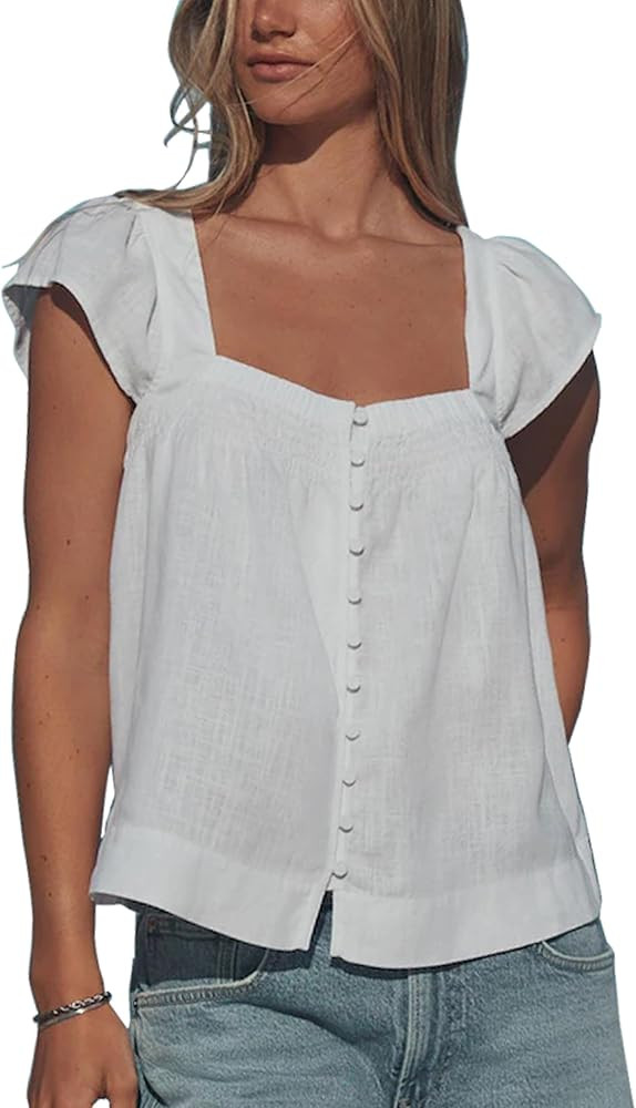 Lumister Cotton Linen Tops for Womens Square Neck Flutter Sleeve Lightweight Casual Shirt for Sum... | Amazon (US)
